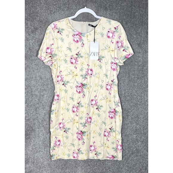 Zara Dresses & Skirts - Zara Dress Womens Size XL Yellow Romantic Floral Short Sleeve Side Cutouts FLAWS